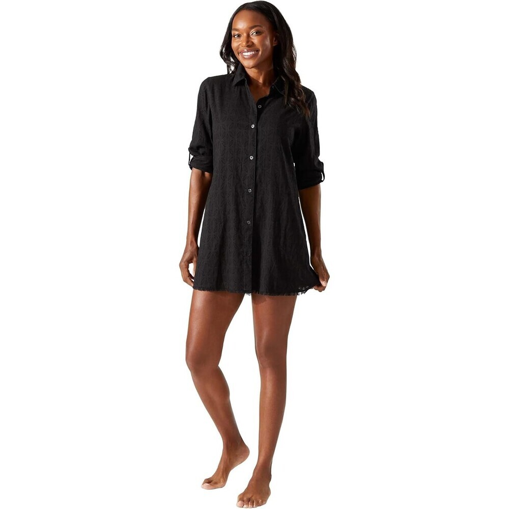 Tommy Bahama Boyfriend Shirt Women XS Black Cotton Clip Jacquard Swimwear RED807